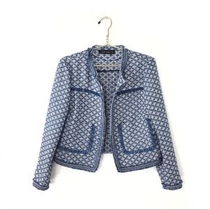 ZARA Blue Tweed Boucle Blazer Jacket Raw Hem